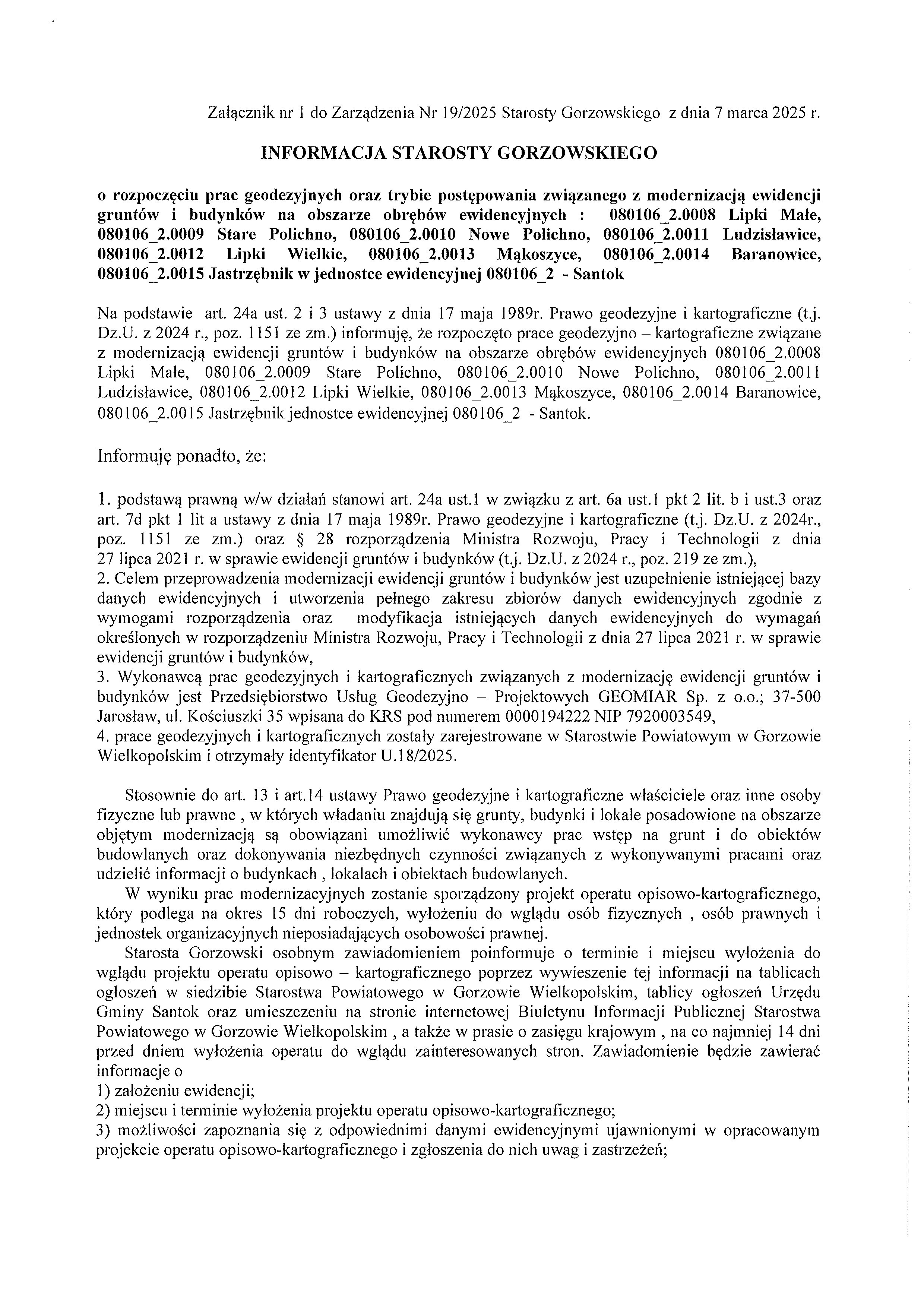 Zarządzenie Starosty Gorzowskiego Nr 19/2025