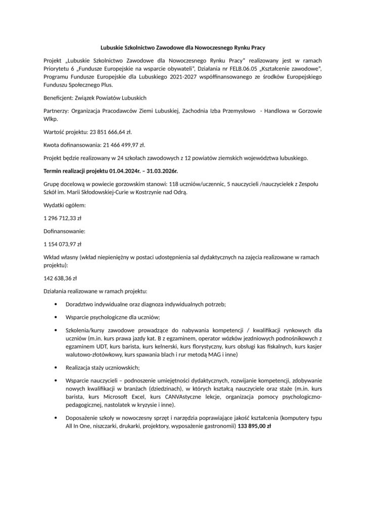 Lubuskie Szkolnictwo Zawodowe dla Nowoczesnego Rynku Pracy